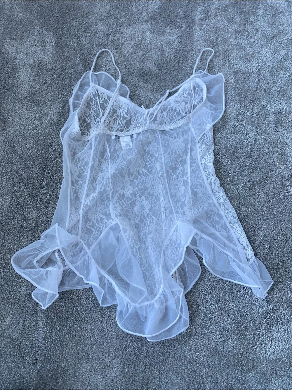 Sheer Floral Lace Ruffle Chemise in White